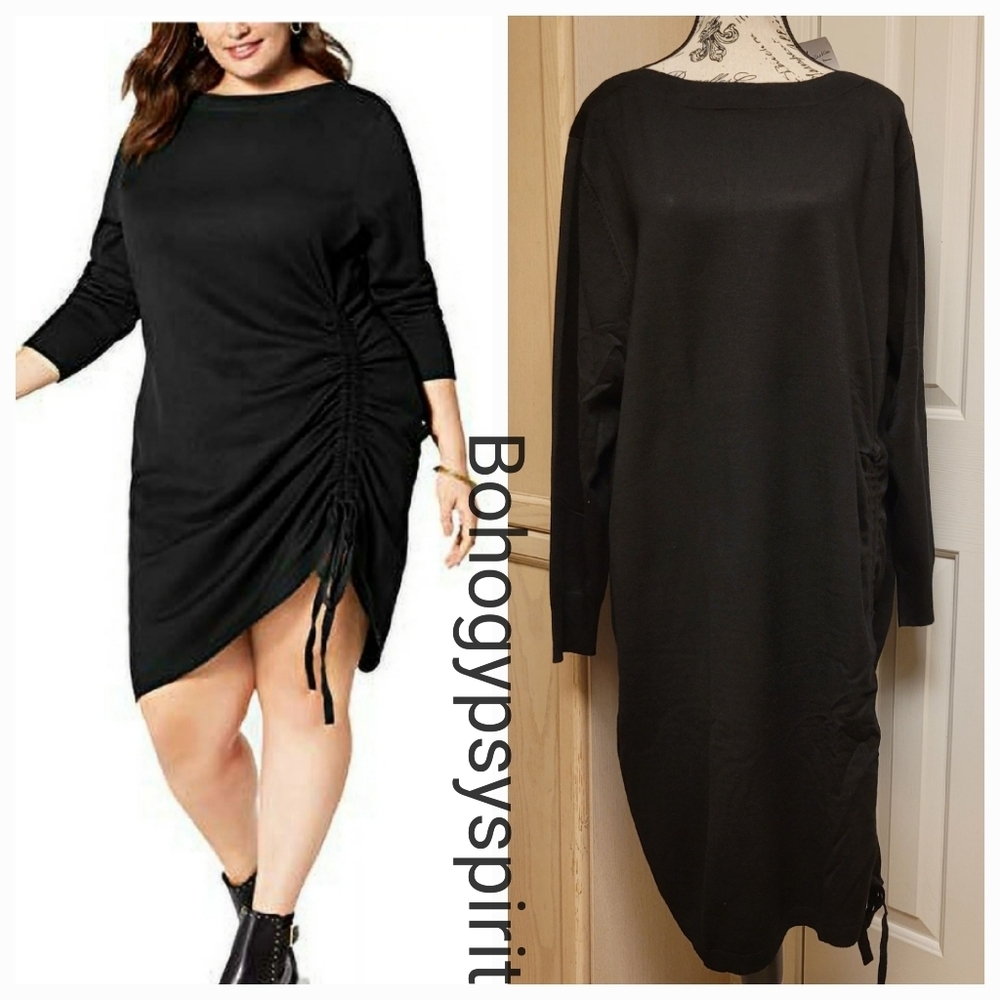 NWT $70 2X New York Collection Solid Black Drawstring Ruched Sweater Dress